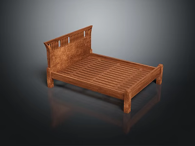 Wooden Bed Frame With Slatted Base On Reflective Dark Surface 3d model