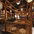 Traditional Asian Restaurant Interior With Large Buddha Statue Wooden Tables And Hanging Lanterns
