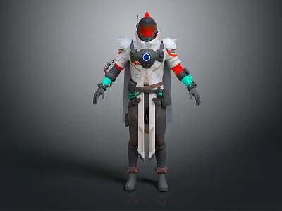 Futuristic Game Movie Character With White Red Armor Blue Accents And Detailed Helmet Design 3d model