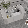 Modern Minimalist Coffee Table With Glass Top Drawers Green Plant And Books In Living Room