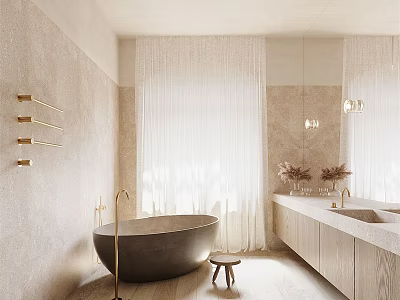 Elegant Modern Bathroom Interior With Freestanding Bathtub Gold Fixtures And Sheer Curtains 3d model