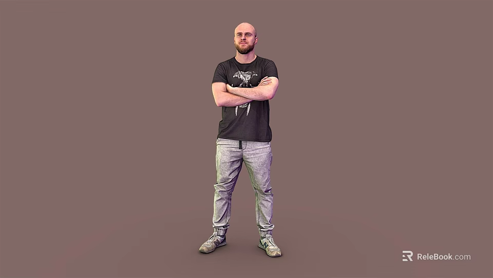 Man Standing With Arms Crossed In Black T-Shirt And Gray Pants Against Brown Background 3d model 