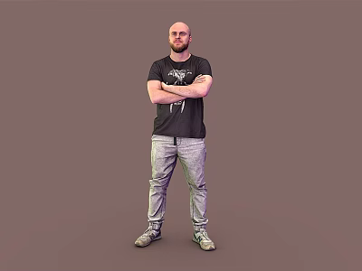 Man Standing With Arms Crossed In Black T-Shirt And Gray Pants Against Brown Background 3d model