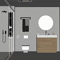 Modern Bathroom Interior With Glass Shower Toilet Wooden Vanity And Round Mirror