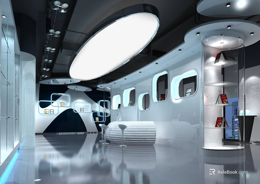 Modern Shop Front Desk Interior With Stylish Lighting Sleek Counter And Decorative Elements 3d model