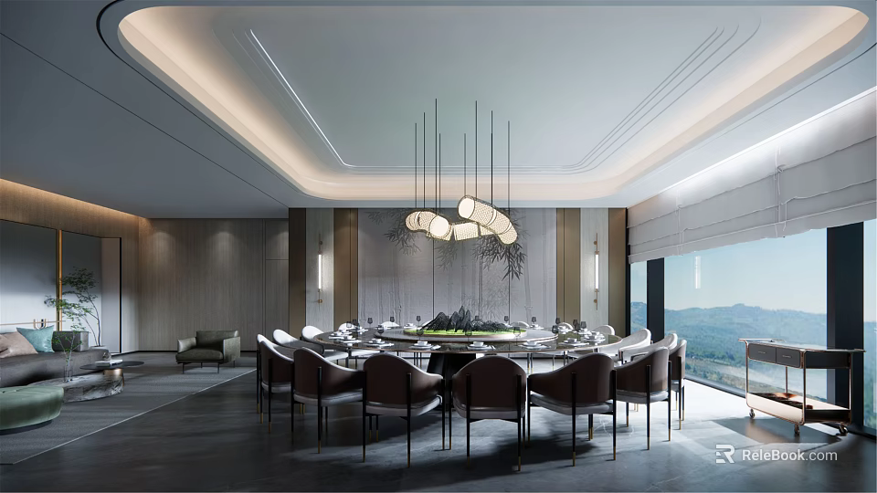 Modern Private Dining Room with Round Table Chairs Chandeliers Mountain View and Floor to Ceiling Windows 3d model 