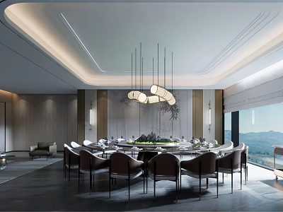 Modern Private Dining Room with Round Table Chairs Chandeliers Mountain View and Floor to Ceiling Windows 3d model