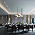 Modern Private Dining Room with Round Table Chairs Chandeliers Mountain View and Floor to Ceiling Windows