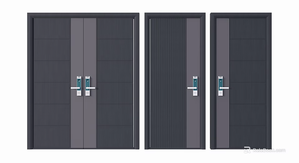 Stylish Modern Swing Doors Featuring Dark Gray Panels and Metal Handles 3d model 