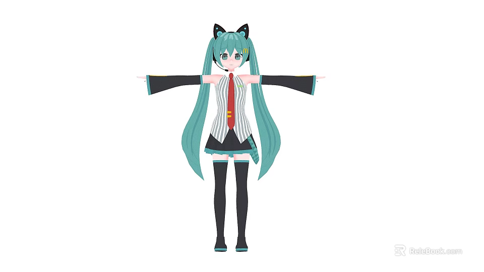 Anime Girl With Teal Hair Cat Ears Black White Uniform Red Tie Arms Outstretched 3d model 