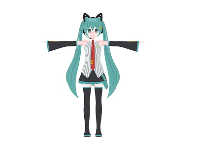 Anime Girl With Teal Hair Cat Ears Black White Uniform Red Tie Arms Outstretched 3d model