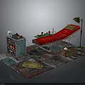 Red Medical Bed Equipment With Storage Cabinet Table Lamp And Supply Bottles Setup