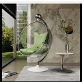 Transparent Spherical Hanging Chair With Green Cushion White Base And Marble Wall
