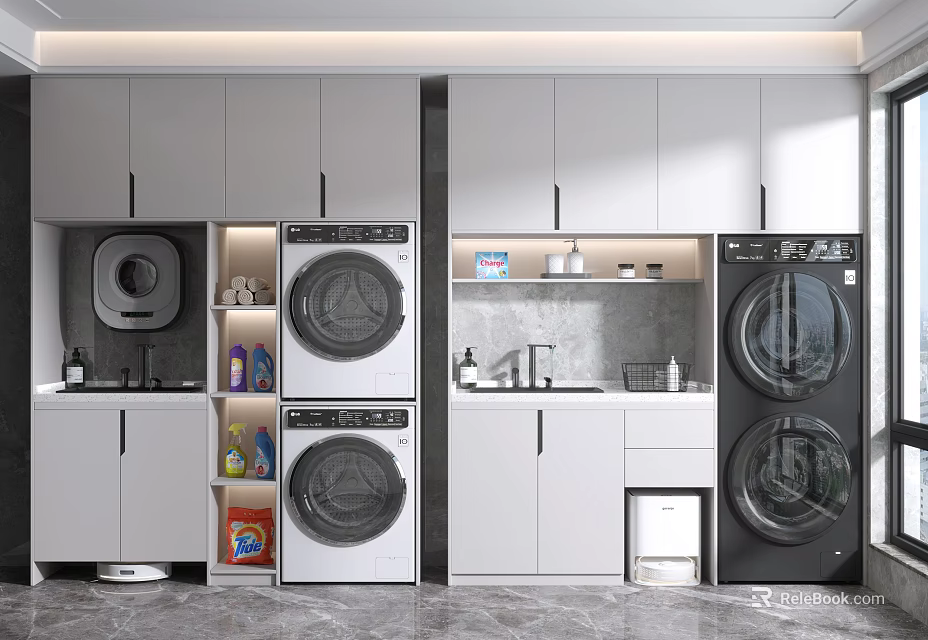 Bathroom Cabinet Rack With Stackable Washing Machine Dryer And Storage Cabinets In Modern Laundry Room 3d model 