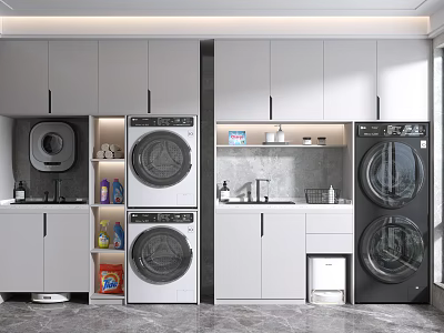 Bathroom Cabinet Rack With Stackable Washing Machine Dryer And Storage Cabinets In Modern Laundry Room 3d model