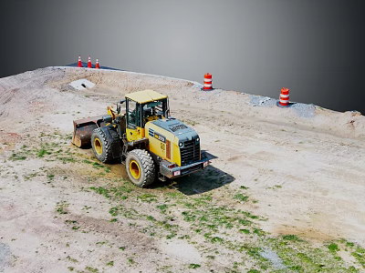 Yellow Wheel Loader Working At Construction Site With Traffic Cones 3d model