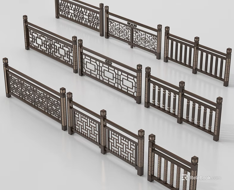 Traditional And Modern Metal Railings With Intricate Openwork Patterns And Simple Slats 3d model 