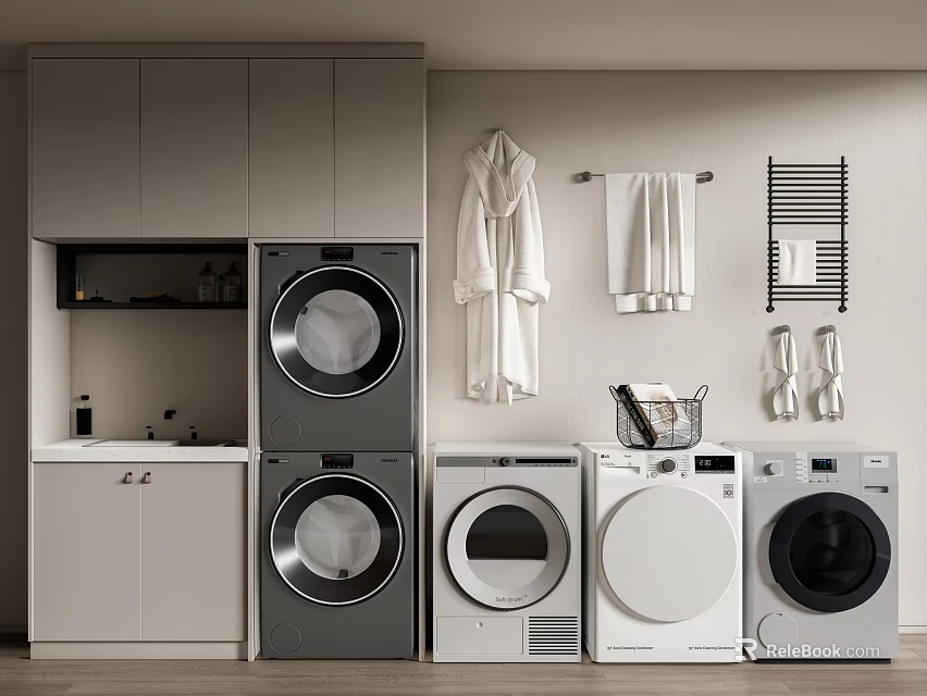Bathroom Cabinet with Gray Wall Cabinet White Storage Stacked Washing Machine Dryer Bathrobe Towel Rack 3d model 