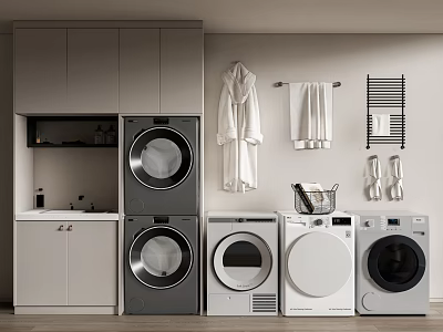 Bathroom Cabinet with Gray Wall Cabinet White Storage Stacked Washing Machine Dryer Bathrobe Towel Rack 3d model