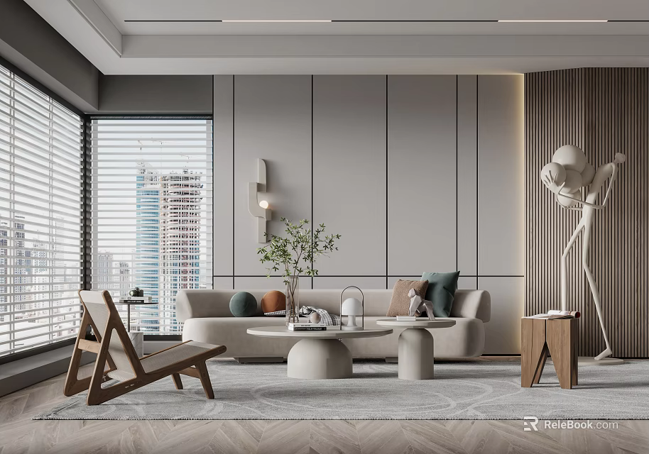 Modern Sofa Coffee Table Set With Neutral Colors Green Plant And Floor To Ceiling Windows 3d model 