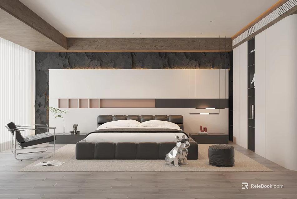 Modern Bedroom Interior With Large Bed Built In Wardrobe And Ambient Lighting 3d model 