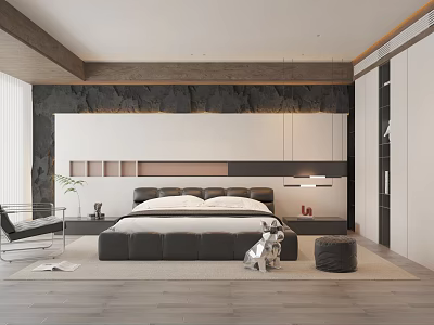 Modern Bedroom Interior With Large Bed Built In Wardrobe And Ambient Lighting 3d model
