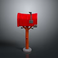 Red Mailbox With Wooden Post Metal Slot And Gray Base Design