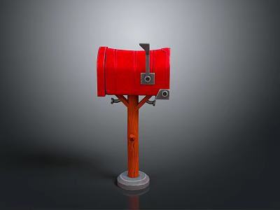 Red Mailbox With Wooden Post Metal Slot And Gray Base Design 3d model