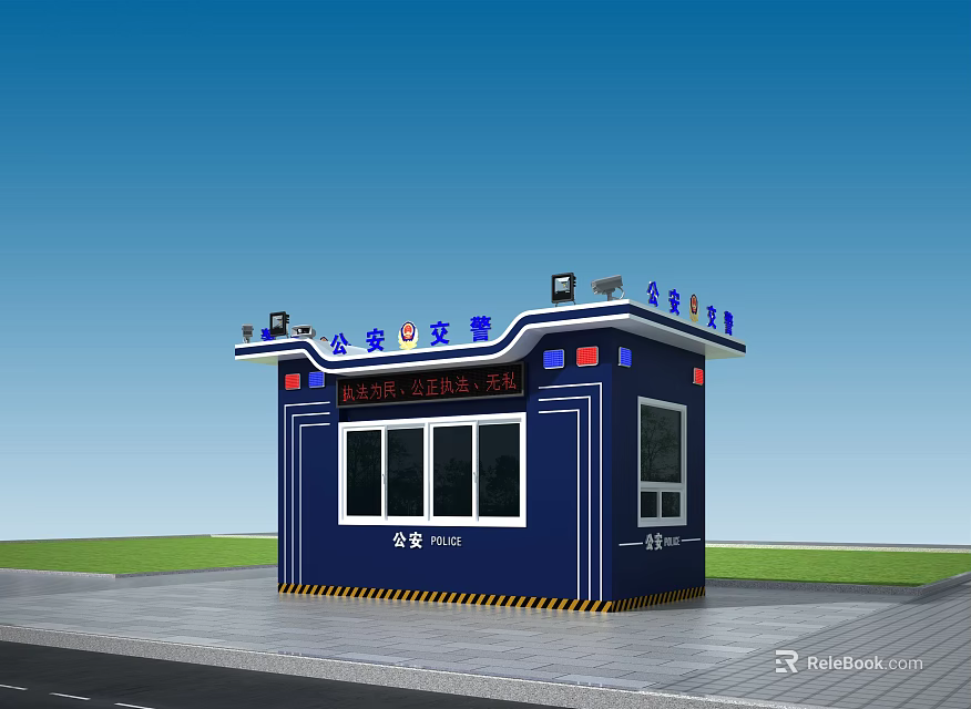 Public Security Blue Traffic Management Booth With Comprehensive Law Enforcement Sign And Windows 3d model 