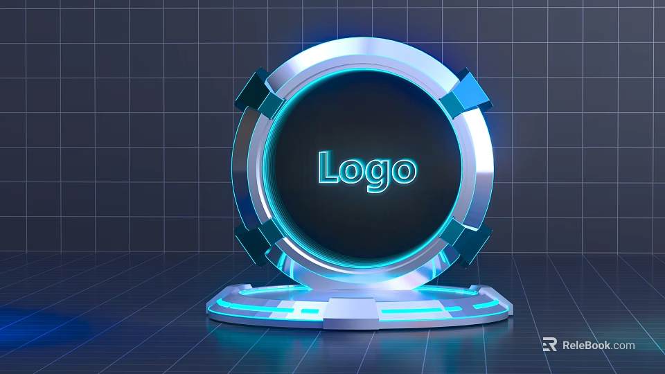 Modern Commercial Equipment Display With Circular Logo And Blue Glowing Metal Frame Stand 3d model 