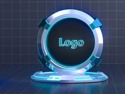 Modern Commercial Equipment Display With Circular Logo And Blue Glowing Metal Frame Stand 3d model