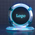 Modern Commercial Equipment Display With Circular Logo And Blue Glowing Metal Frame Stand