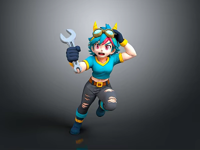 Animated Mechanic Character With Blue Hair Horned Goggles Wrench And Running Pose 3d model
