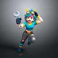 Animated Mechanic Character With Blue Hair Horned Goggles Wrench And Running Pose