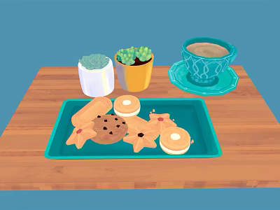 Assorted Star And Round Shaped Cookies On Blue Tray Wooden Table With Coffee And Plants 3d model