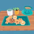 Assorted Star And Round Shaped Cookies On Blue Tray Wooden Table With Coffee And Plants