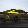 Yellow Sports Coupe Car With Yellow Body Blue Headlights Black Wheels And Red Brake Calipers