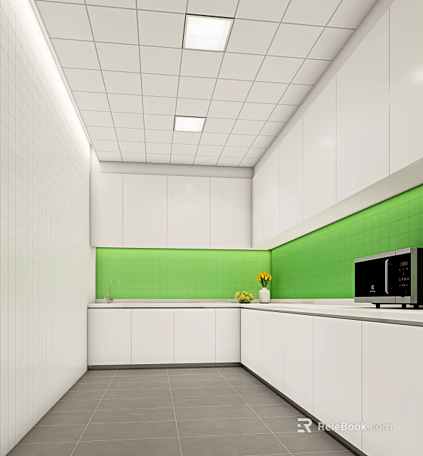 Modern Tea Room Interior With White Cabinets Green Tiled Backsplash Sink Microwave And Fruits 3d model 
