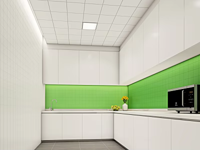 Modern Tea Room Interior With White Cabinets Green Tiled Backsplash Sink Microwave And Fruits 3d model