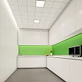 Modern Tea Room Interior With White Cabinets Green Tiled Backsplash Sink Microwave And Fruits