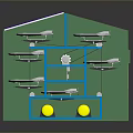 Weapon Storage System With Green Enclosure Blue Frame White Drones And Yellow Cylinders