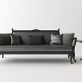 Elegant Black Carved Two-Seater Sofa With Soft Pillows And Table Lamp On Side Table 3d model