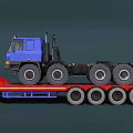 Two Blue Commercial Trucks Loaded On Flatbed Trailer Transport Scene