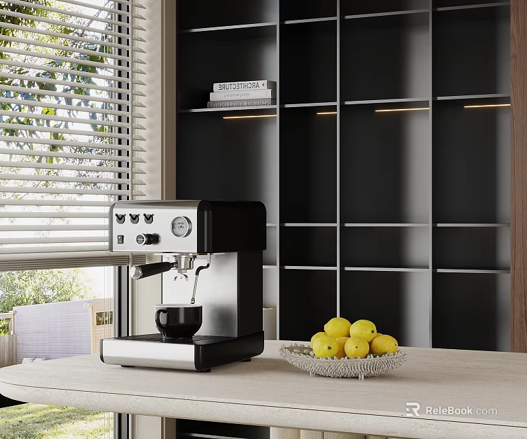Modern Kitchen Counter With Stainless Steel Coffee Machine Black Open Shelves And Fresh Lemons 3d model 