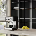 Modern Kitchen Counter With Stainless Steel Coffee Machine Black Open Shelves And Fresh Lemons