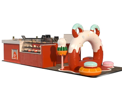 Vibrant Sweet Shop Red Counter Display Case Desserts Large Donut Decoration White Frosting Green Toppings 3d model