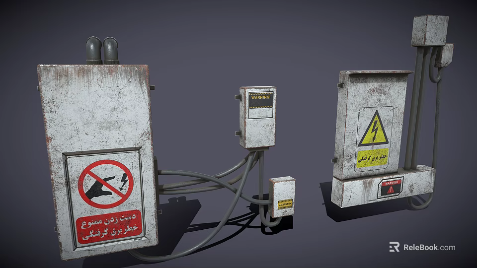 Industrial Control Enclosures With Warning Signs Arabic Labels And Connected Cables 3d model 