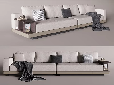 Elegant Beige Multi Seater Sofa Interior With Decorative Pillows And Throw Blanket 3d model