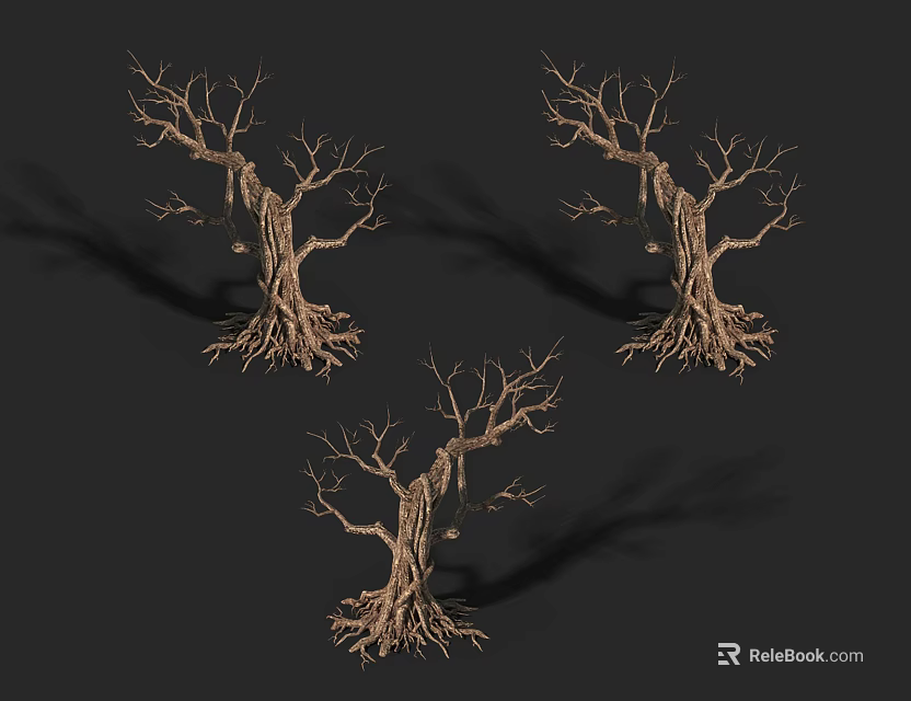 Dry Trees With Exposed Roots And Bare Branches On Dark Background 3d model 