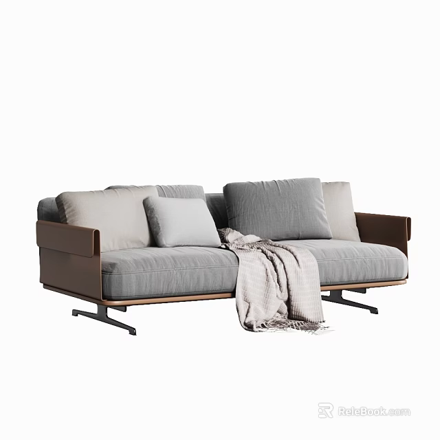 Modern Gray Sectional Sofa With Beige Cushions And Soft Throw Blanket 3d model 